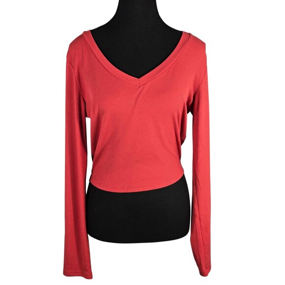 NWOT | Ribbed Knit V-Neck Long Sleeve Crop Top Sweater Tee | XLarge - Picture 1 of 6